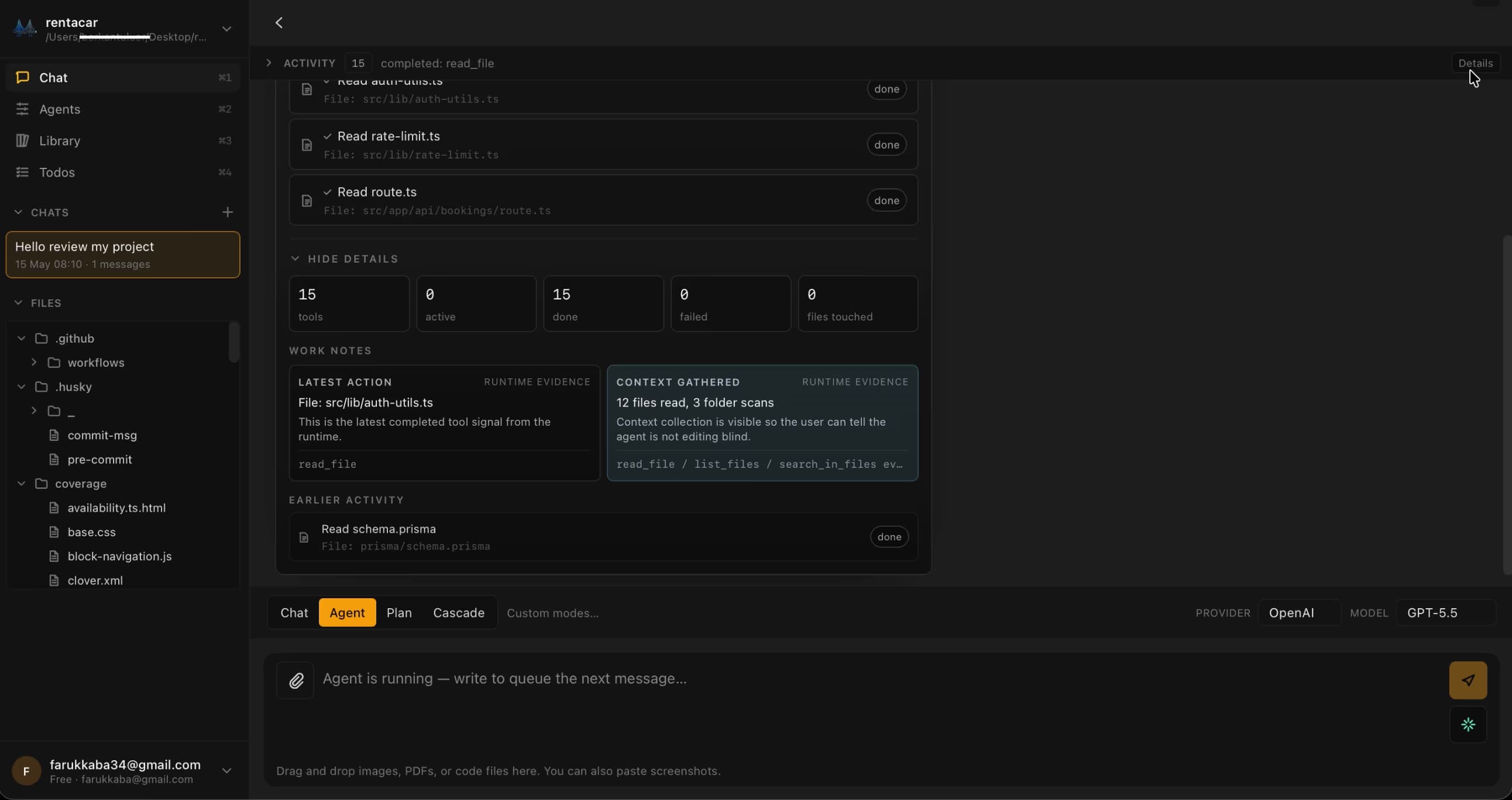 MiraBridge Desktop app showing an AI coding session with plan, file context, and tool approvals.