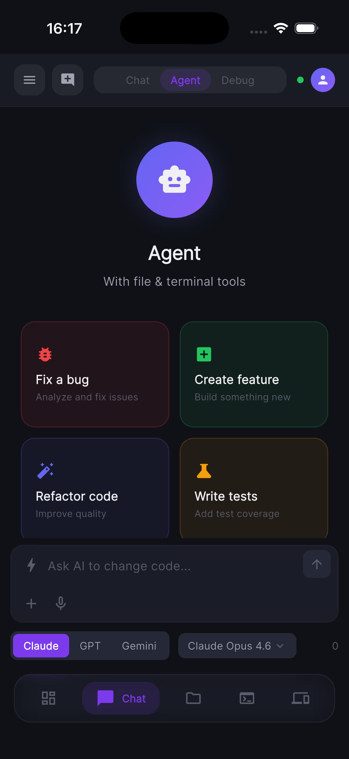 MiraBridge mobile app — Live agent activity and tool calls.