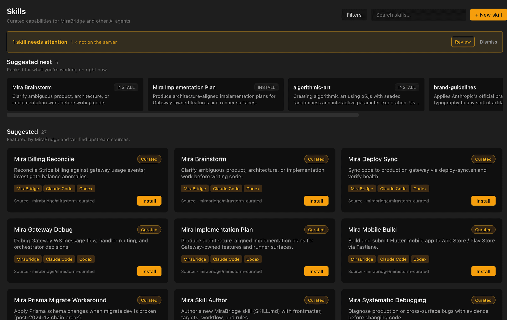 MiraBridge Capability Catalog — install, manage, and discover SKILL.md-compatible capabilities synced through the Gateway across every surface.